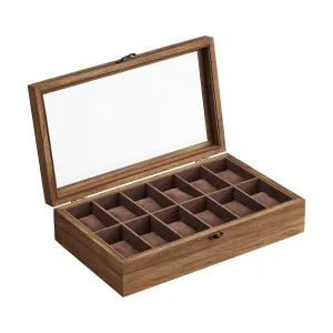 12-Slot Wood Watch Box With Large Glass Lid - Rustic Walnut