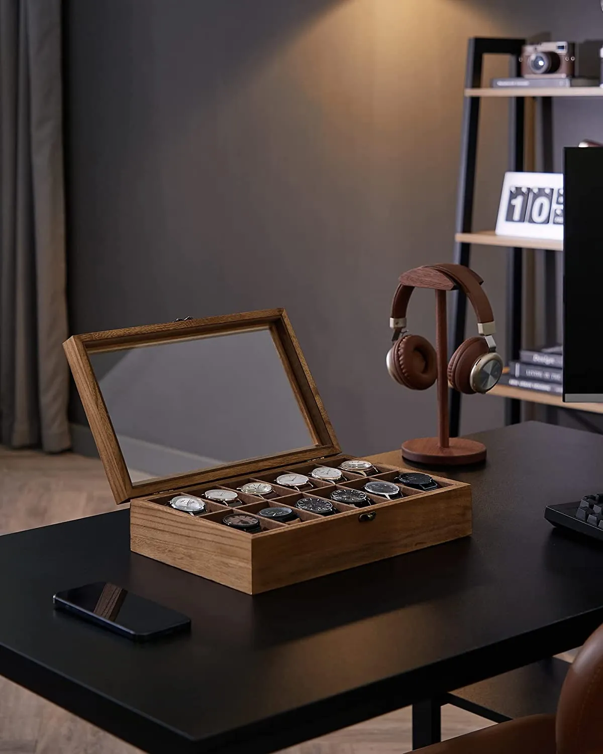 12-Slot Wood Watch Box With Large Glass Lid - Rustic Walnut