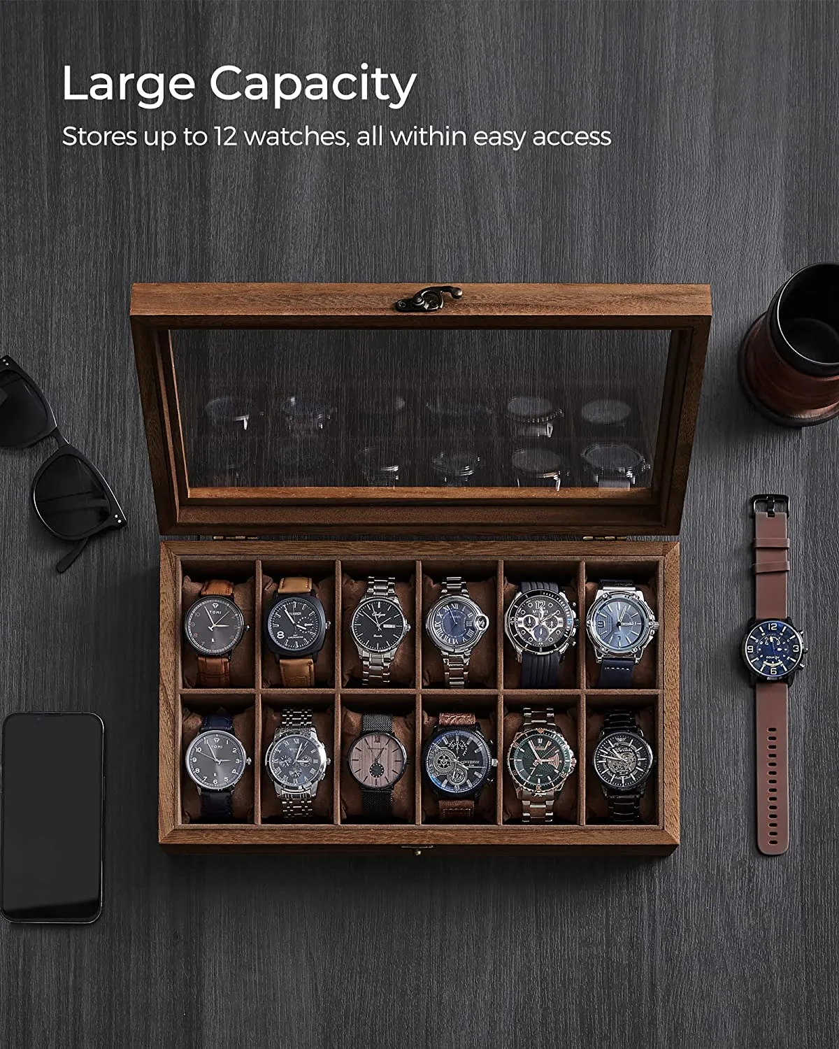 12-Slot Wood Watch Box With Large Glass Lid - Rustic Walnut