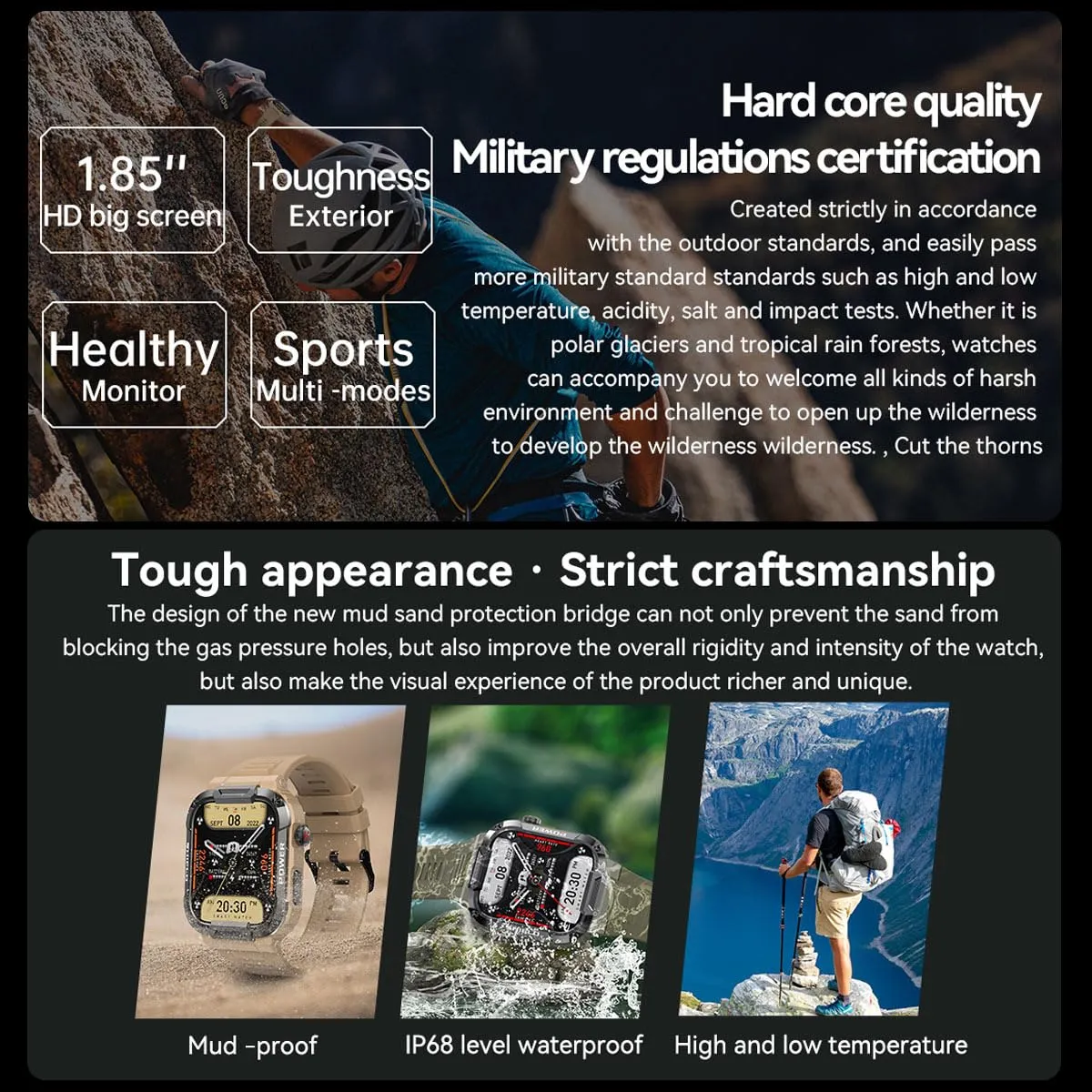 1.85" Large Screen Smart Watch for Men Android Military Smart Watches Mens Make/Answer Calls,Heart Rate,Sleep,Blood Oxygen Monitor Sports Running Activity Tracker