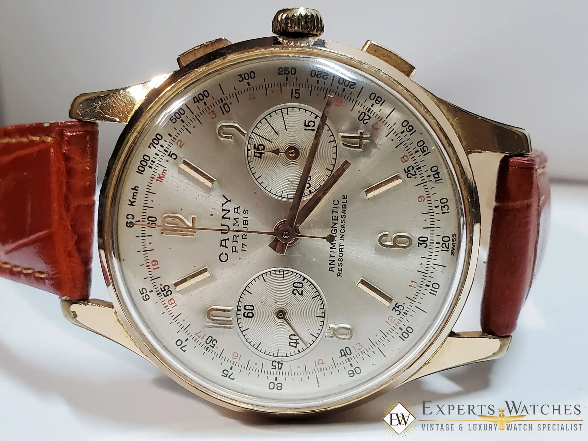 1960's Serviced Vintage Cauny Prima Chronograph Watch Gold Plated Landeron 248