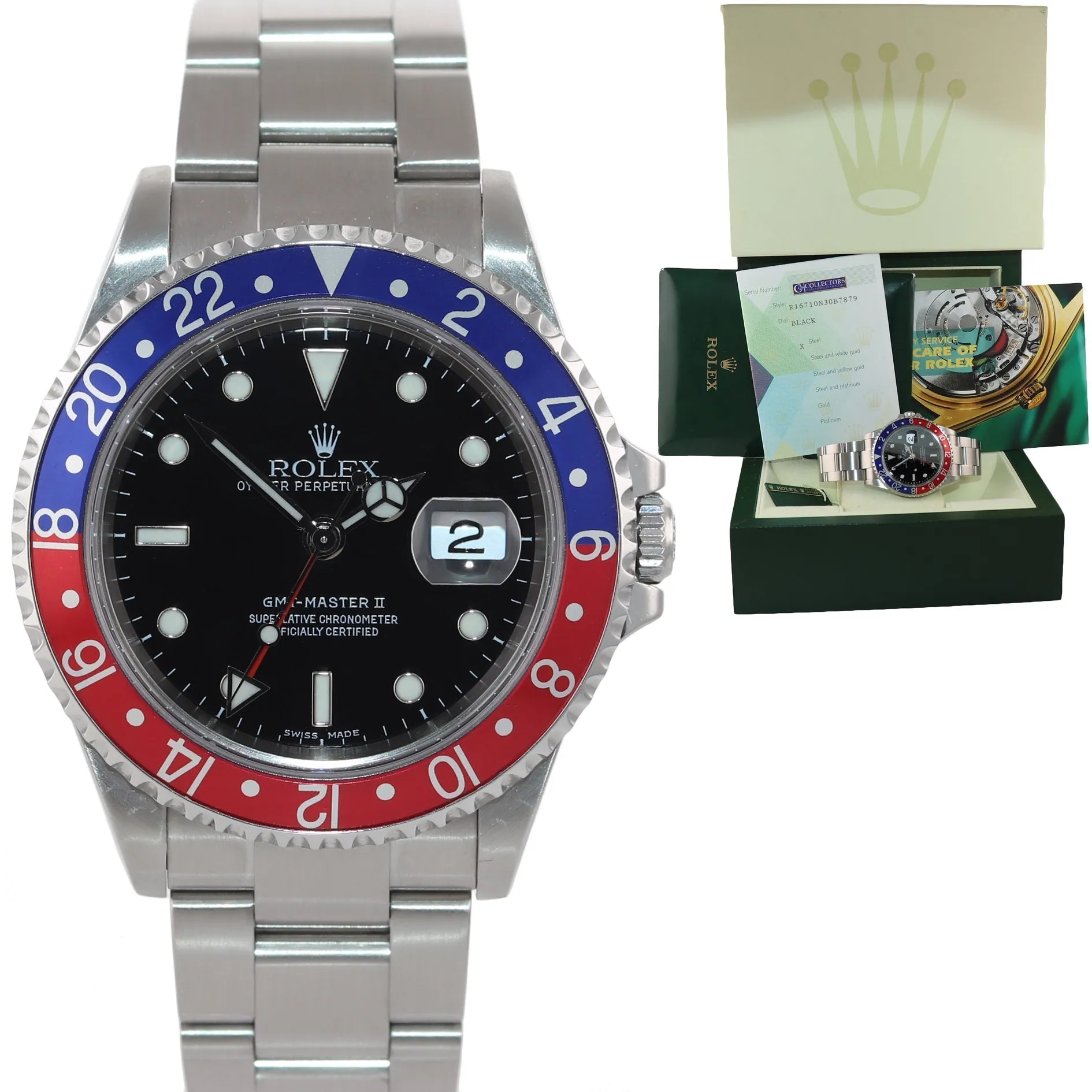 2005 PAPERS Rolex GMT-Master 2 Pepsi Blue Red Steel 16710 40mm NO HOLES