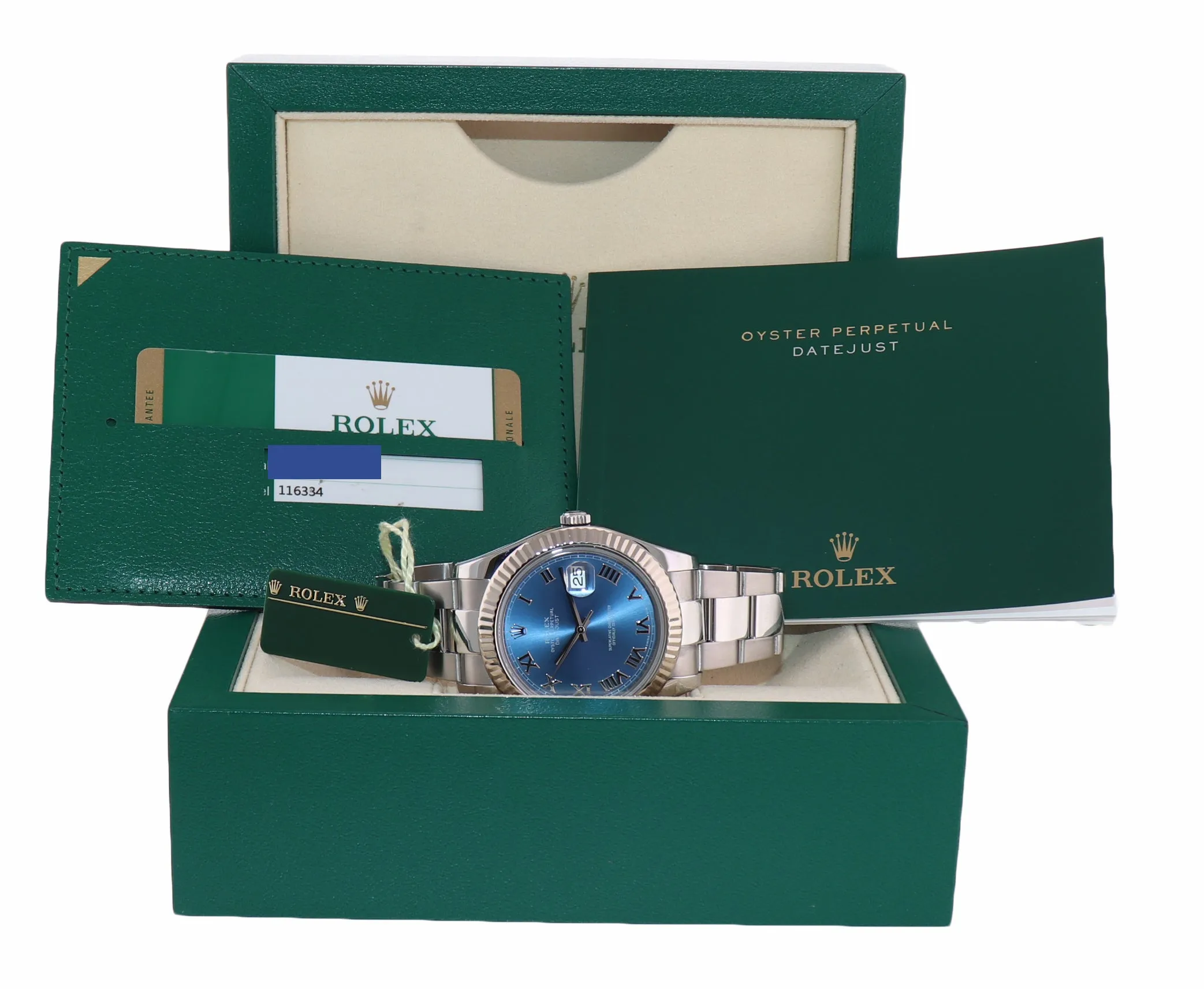 2015 PAPERS MINT Rolex DateJust 2 Steel Blue Roman Wimbledon 41mm 116334 Watch