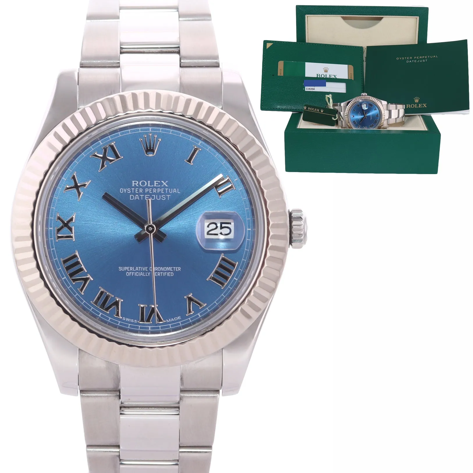 2015 PAPERS MINT Rolex DateJust 2 Steel Blue Roman Wimbledon 41mm 116334 Watch