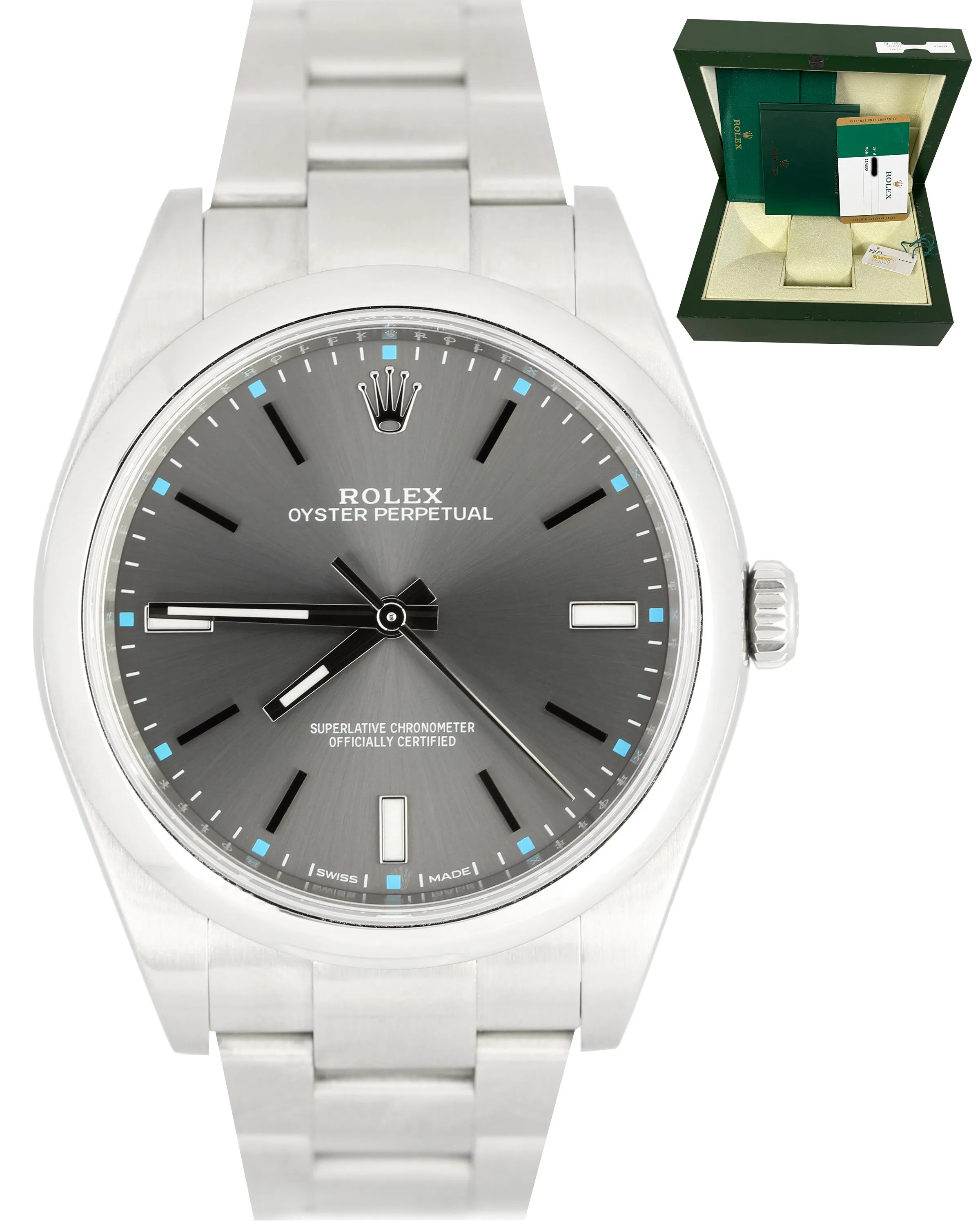 2018 Rolex Oyster Perpetual 39mm Dark Rhodium Stainless Steel 114300 Watch B&P