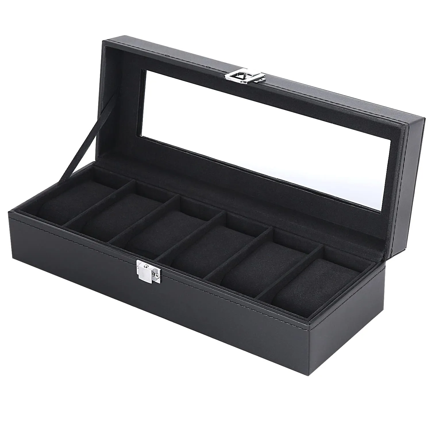 6-Slot PU Leather Watch Box with Glass Lid – Black | Watch Display & Storage for Men & Women