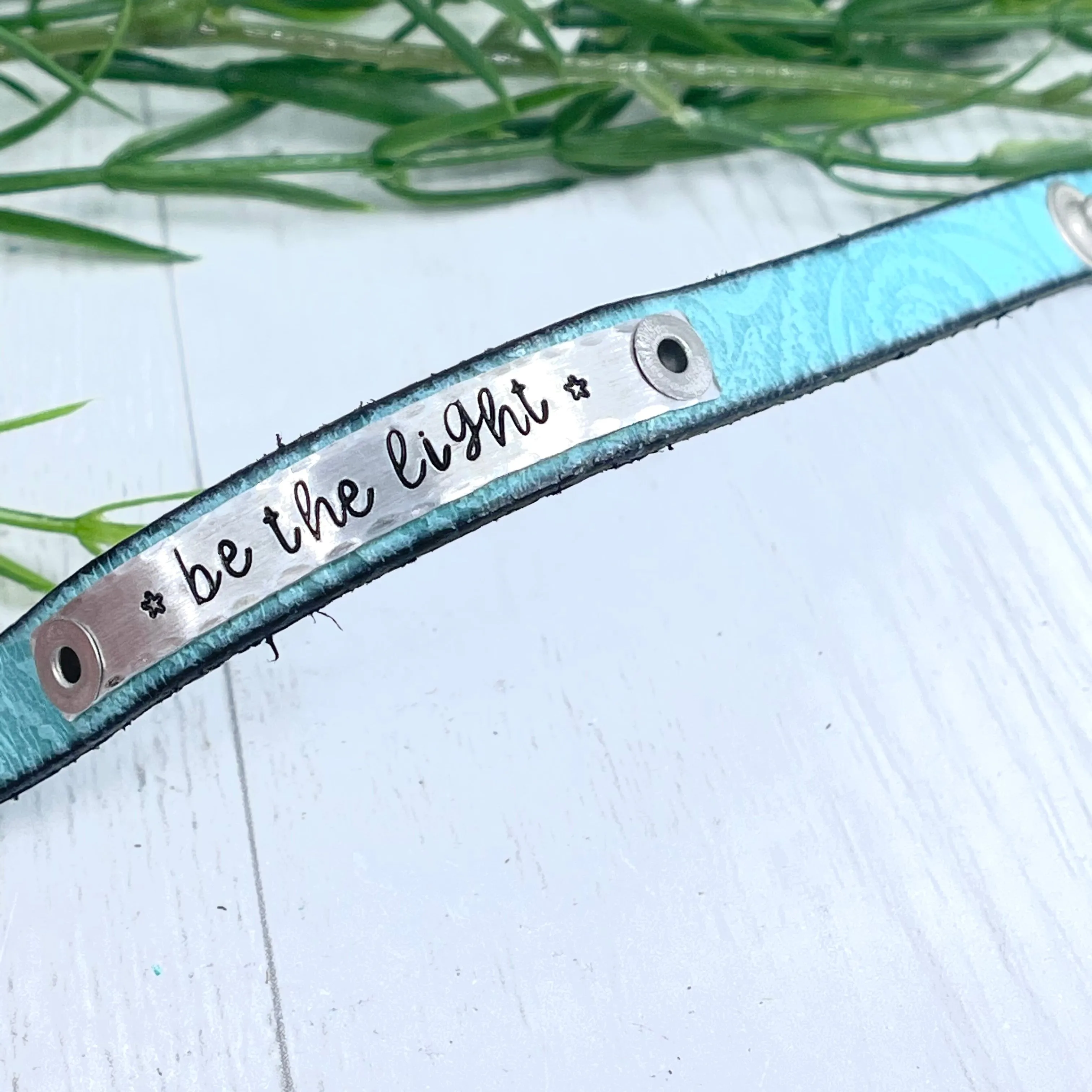 Be the Light Embossed Turquoise Leather Skinny Bracelet | Adjustable