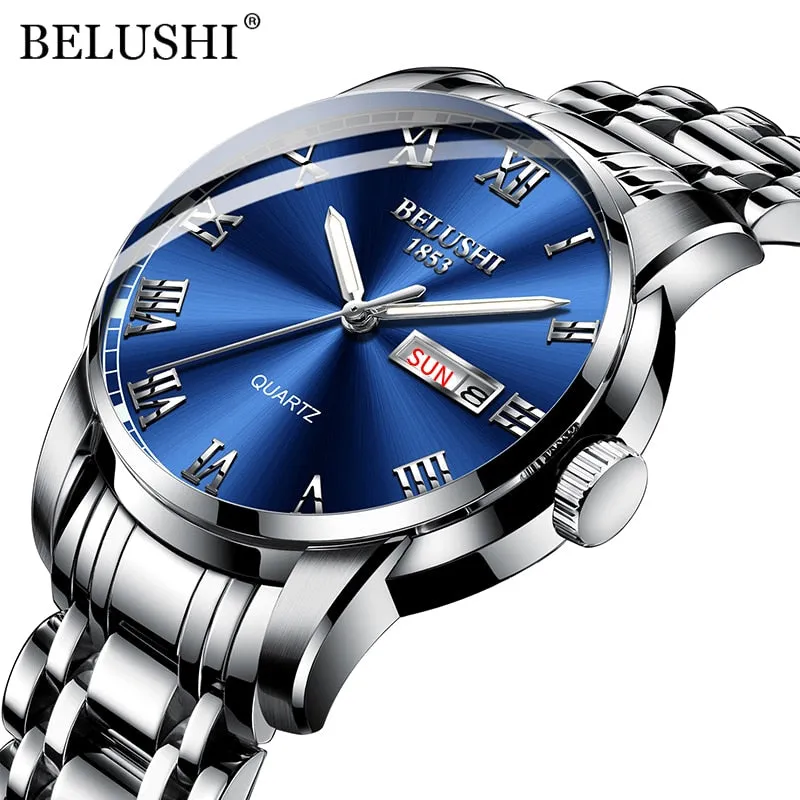 BELUSHI Men Fashion Business Quartz Wrist Watches Stainless Steel Waterproof Analog Watch Men Calendar Clock 2022 New Watches