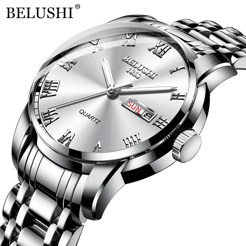 BELUSHI Men Fashion Business Quartz Wrist Watches Stainless Steel Waterproof Analog Watch Men Calendar Clock 2022 New Watches