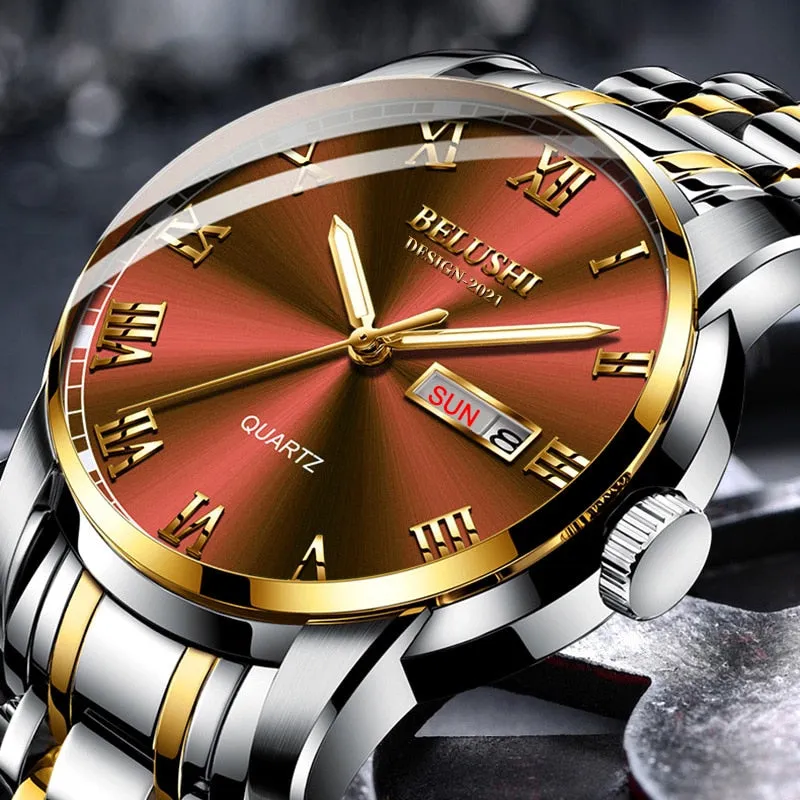 BELUSHI Men Fashion Business Quartz Wrist Watches Stainless Steel Waterproof Analog Watch Men Calendar Clock 2022 New Watches