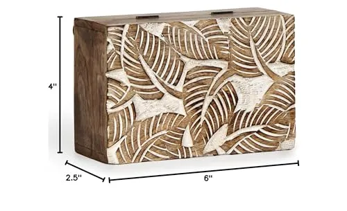 Christmas Gift Wooden Hand White Wash Leaf Design Jewelry Storage Box Holder | Tarot Card Trinket Keepsake Wooden Storage Box Perfect Gifts for Women 6x4x2.5 Inch