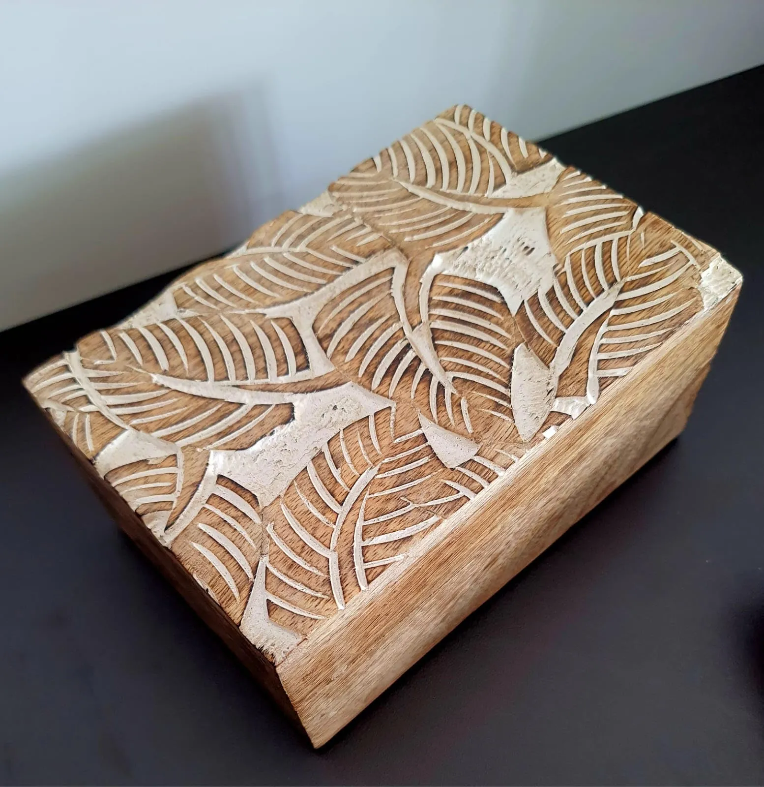 Christmas Gift Wooden Hand White Wash Leaf Design Jewelry Storage Box Holder | Tarot Card Trinket Keepsake Wooden Storage Box Perfect Gifts for Women 6x4x2.5 Inch