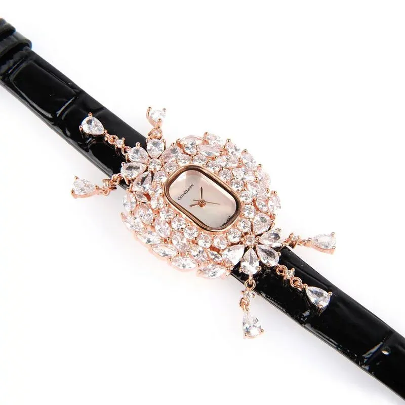 Crisathena Paris Chandelier Ladies MOP Dial Rose Gold Case Black Leather Strap Watch