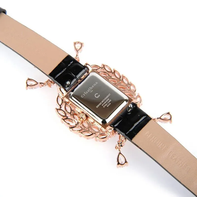 Crisathena Paris Chandelier Ladies MOP Dial Rose Gold Case Black Leather Strap Watch