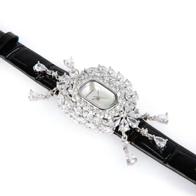 Crisathena Paris Chandelier Ladies MOP Dial White Gold Case Black Leather Strap Watch