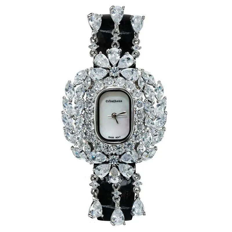 Crisathena Paris Chandelier Ladies MOP Dial White Gold Case Black Leather Strap Watch