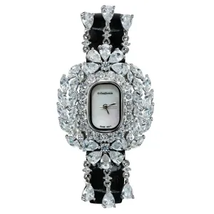 Crisathena Paris Chandelier Ladies MOP Dial White Gold Case Black Leather Strap Watch