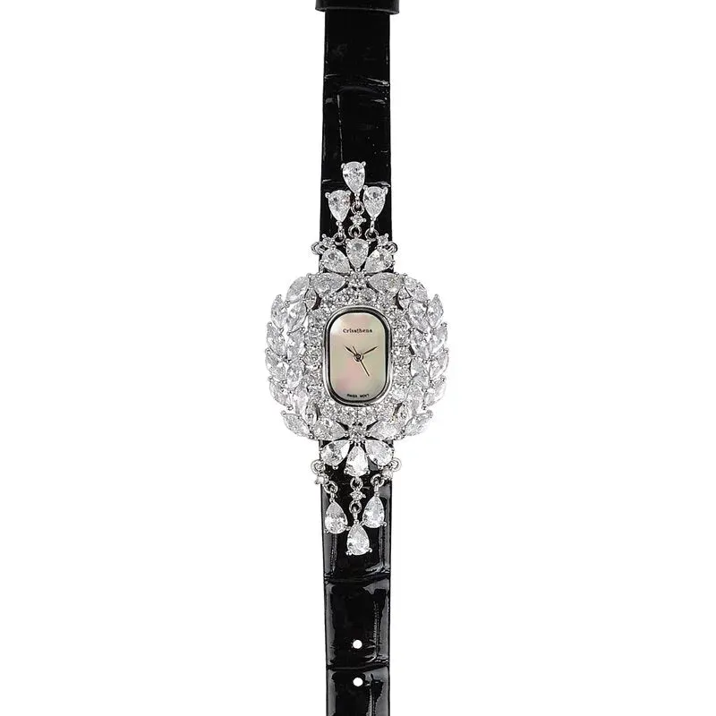 Crisathena Paris Chandelier Ladies MOP Dial White Gold Case Black Leather Strap Watch