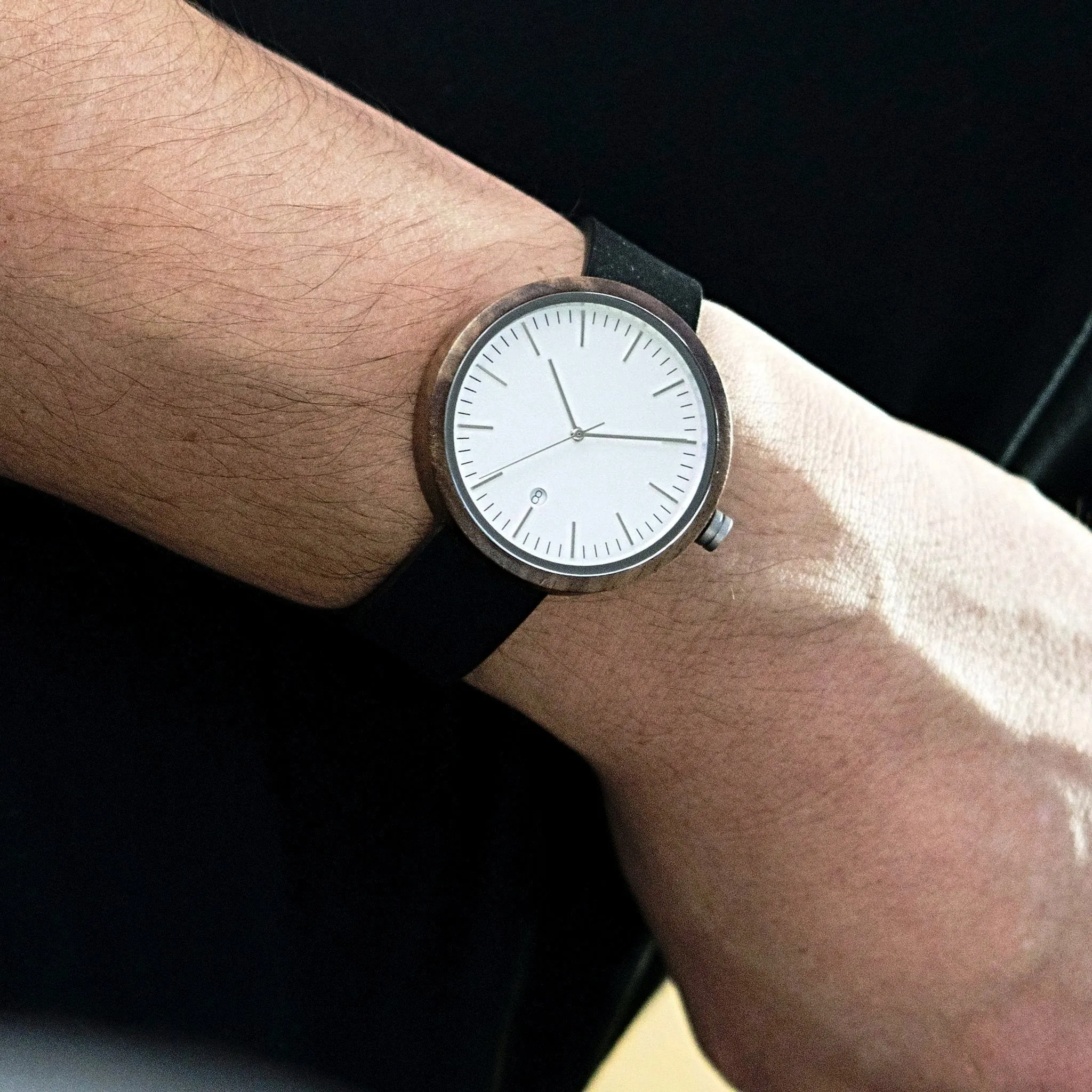 Cypress Black Walnut Minimalist Wood Watch - White Dial, Sapphire Crystal, Swiss Quartz Movement | Skyline Series