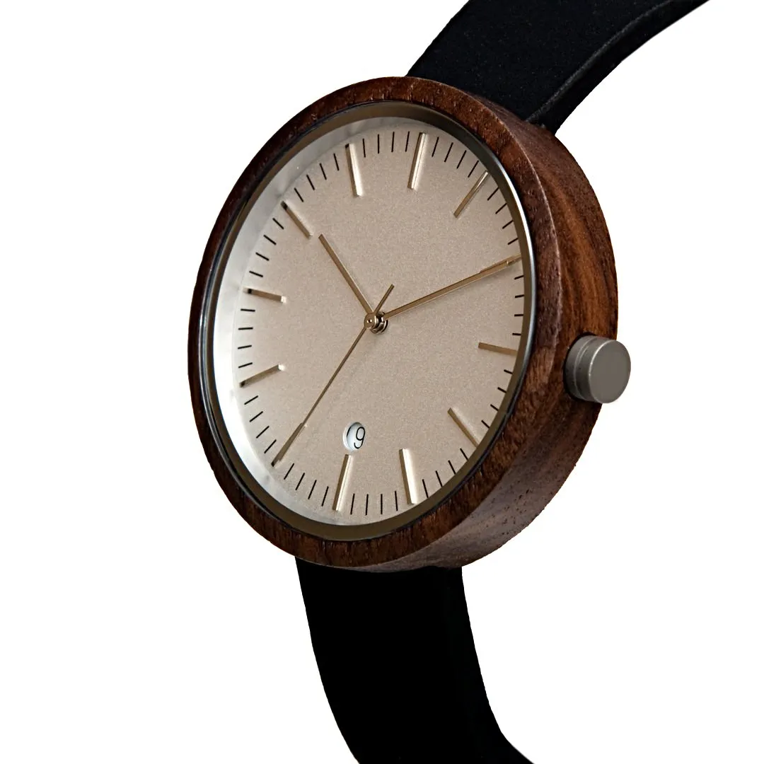 Cypress Black Walnut Minimalist Wood Watch - White Dial, Sapphire Crystal, Swiss Quartz Movement | Skyline Series