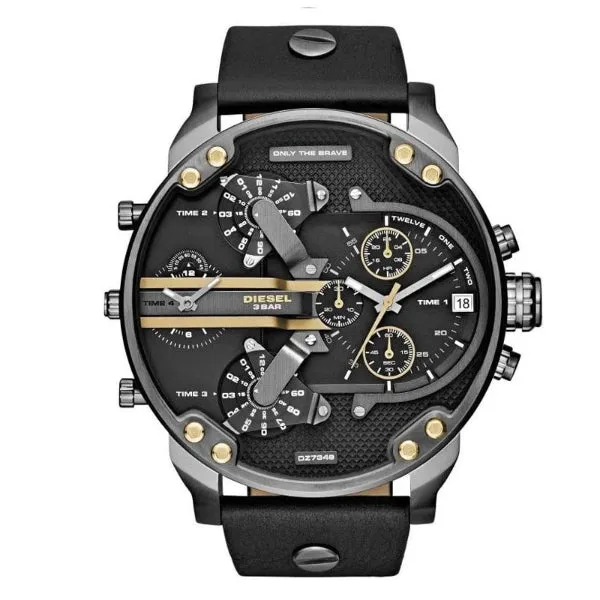 Diesel Mr Daddy Black Leather Strap Black Dial Chronograph Quartz Watch for Gents - DZ7348