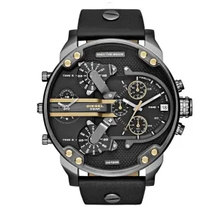 Diesel Mr Daddy Black Leather Strap Black Dial Chronograph Quartz Watch for Gents - DZ7348