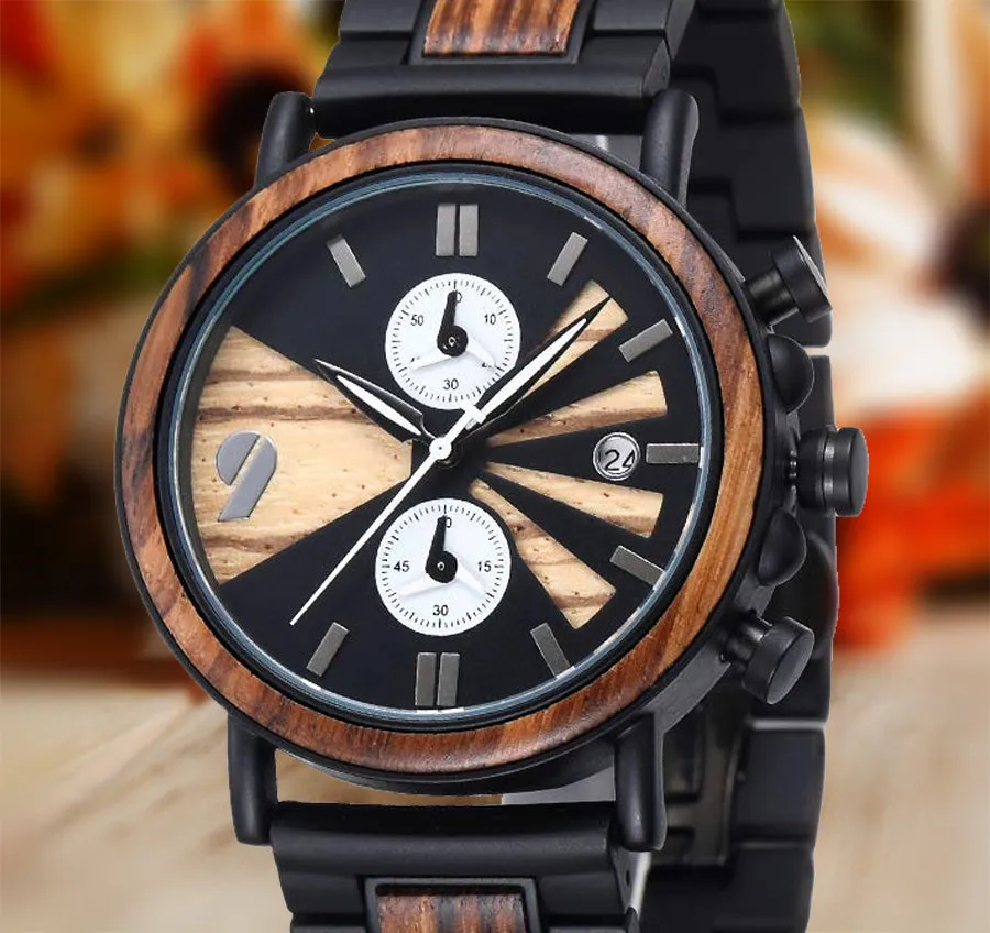 Ebony Wood & Stainless Steel Combined Chronograph Wood Watch