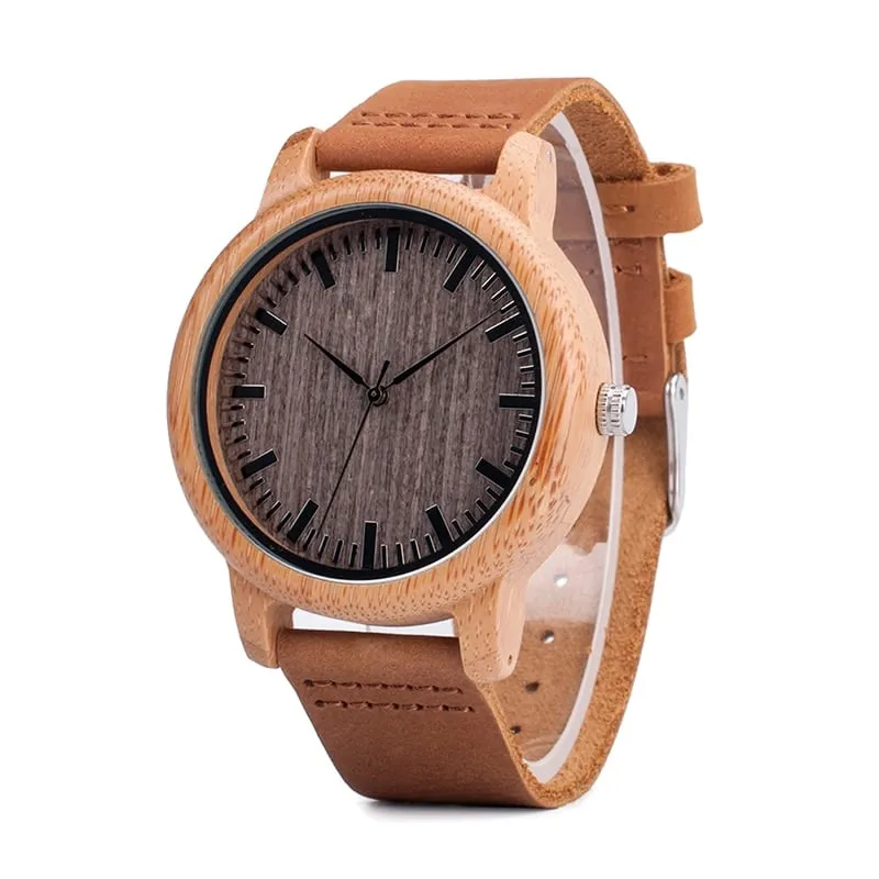 Elegant Genuine Leather Bamboo Wood Men's Watches