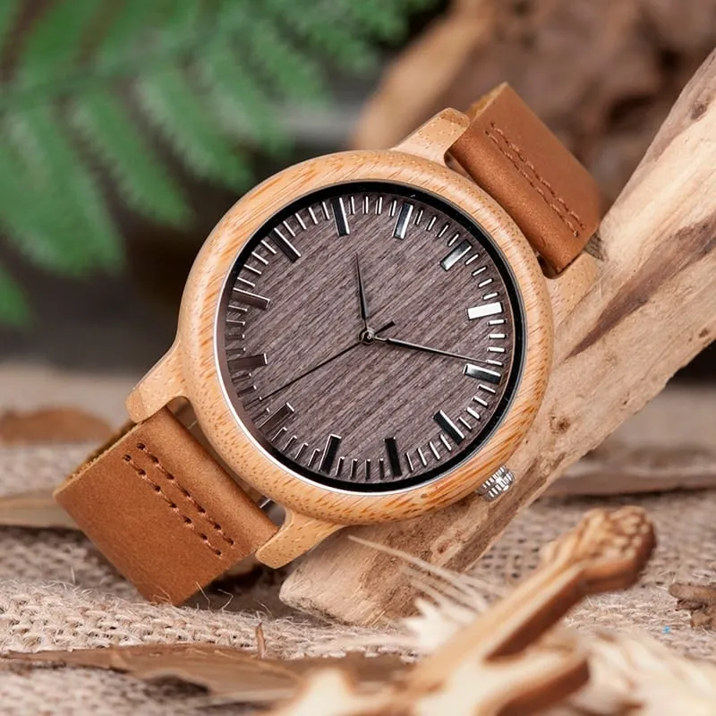 Elegant Genuine Leather Bamboo Wood Men's Watches