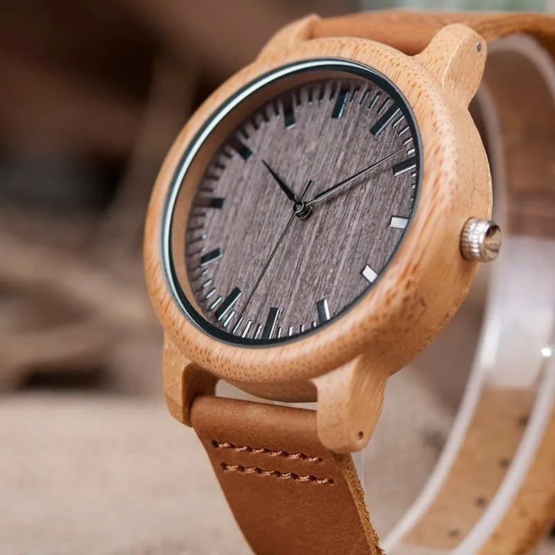 Elegant Genuine Leather Bamboo Wood Men's Watches