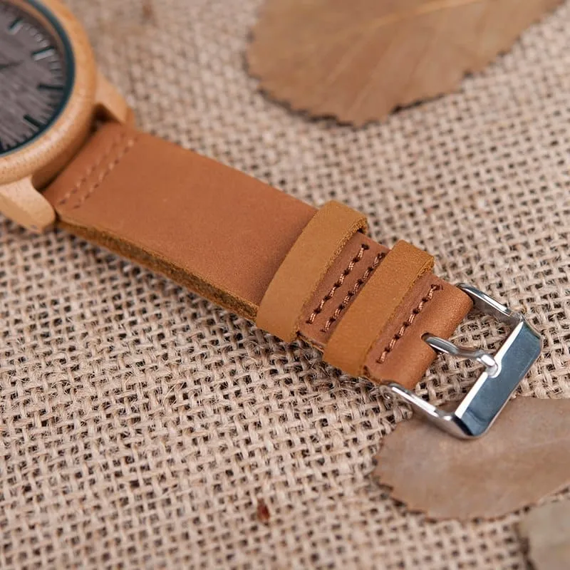 Elegant Genuine Leather Bamboo Wood Men's Watches