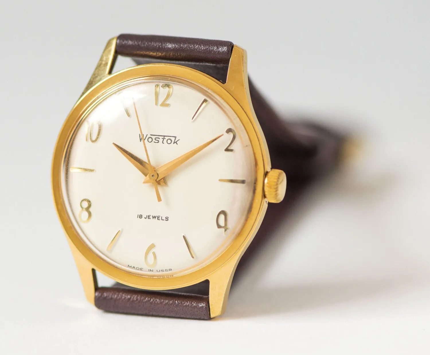 Elegant Men's Watch Wostok\East, gold plated men watch minimalist, shockproof watch him, Father's gift watch, new waterproof leather strap