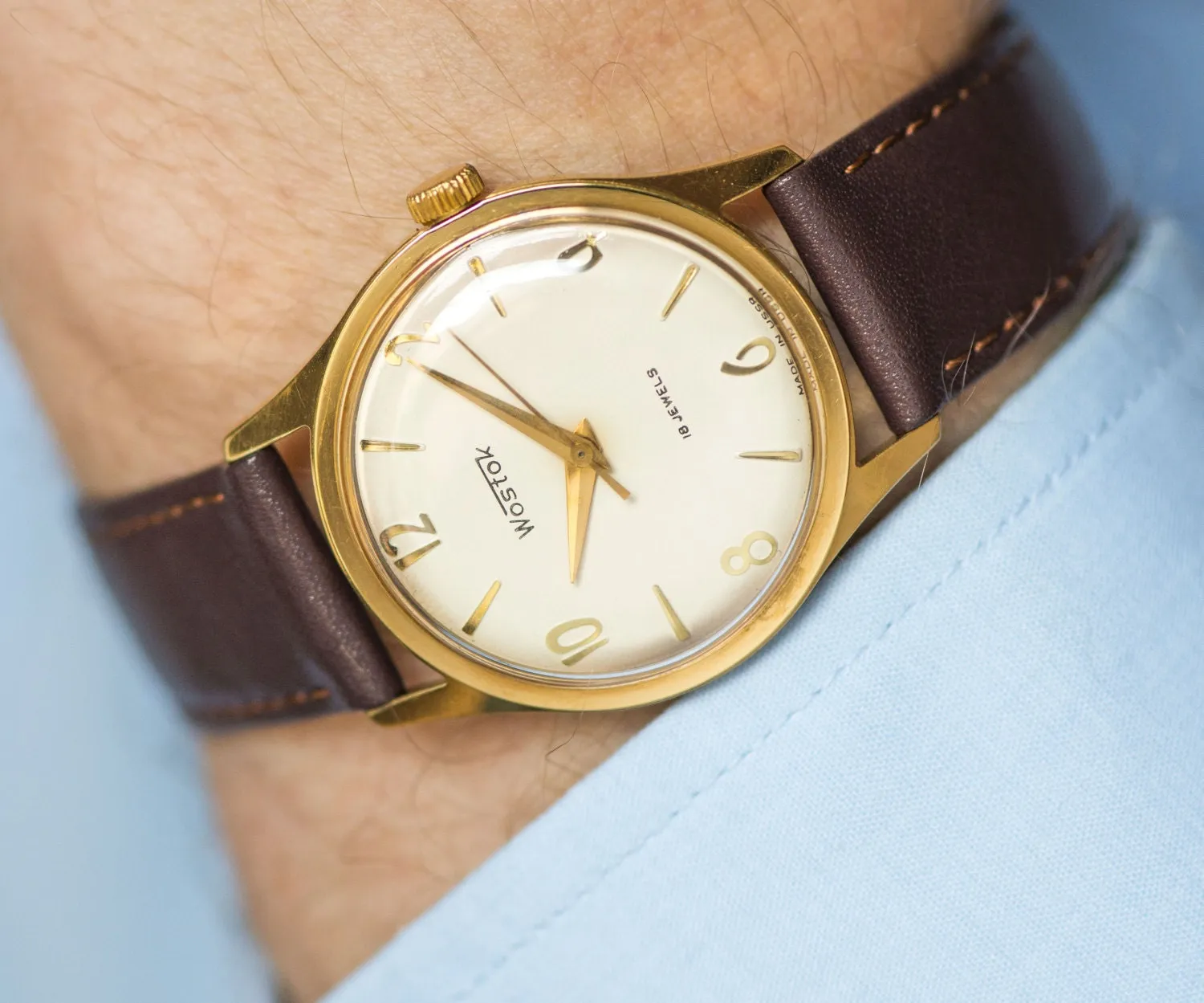 Elegant Men's Watch Wostok\East, gold plated men watch minimalist, shockproof watch him, Father's gift watch, new waterproof leather strap