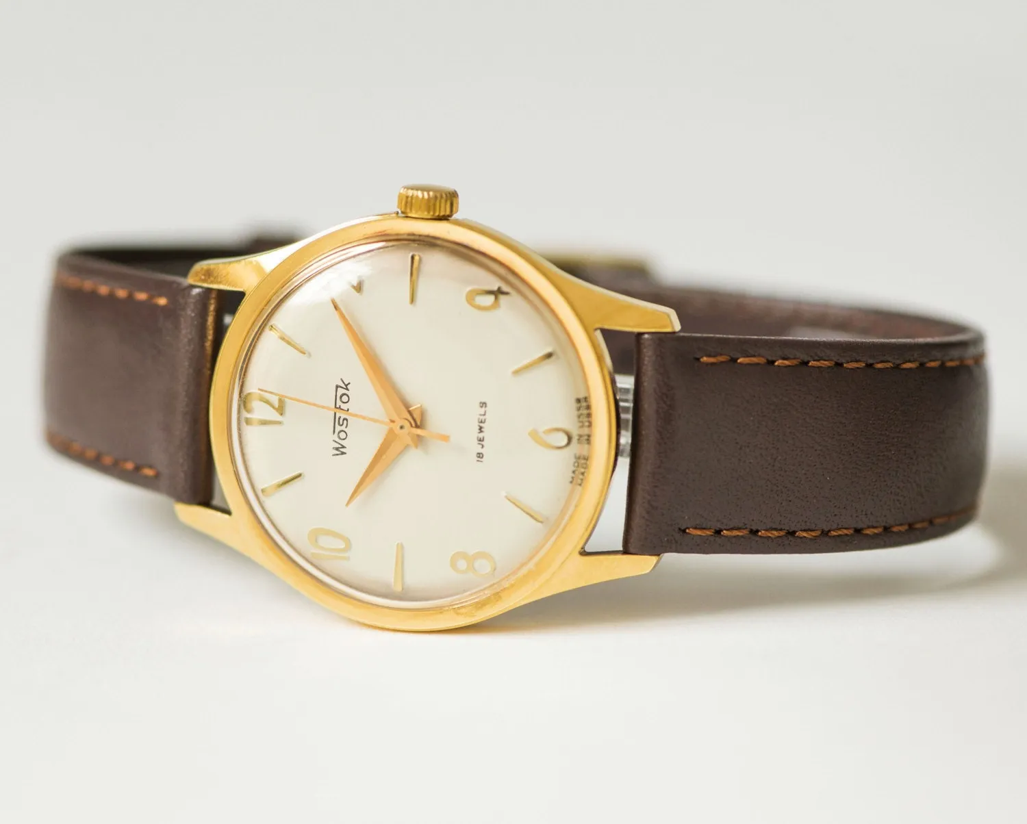 Elegant Men's Watch Wostok\East, gold plated men watch minimalist, shockproof watch him, Father's gift watch, new waterproof leather strap