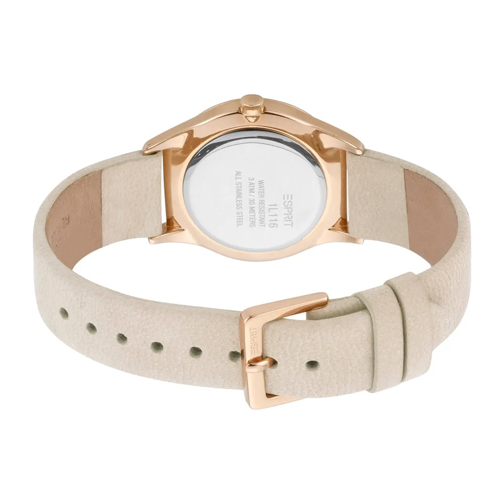 Esprit Ladies IP RG Stainless Steel Watch Stones on Bezel Silver Color Dial & Cream Color Strap