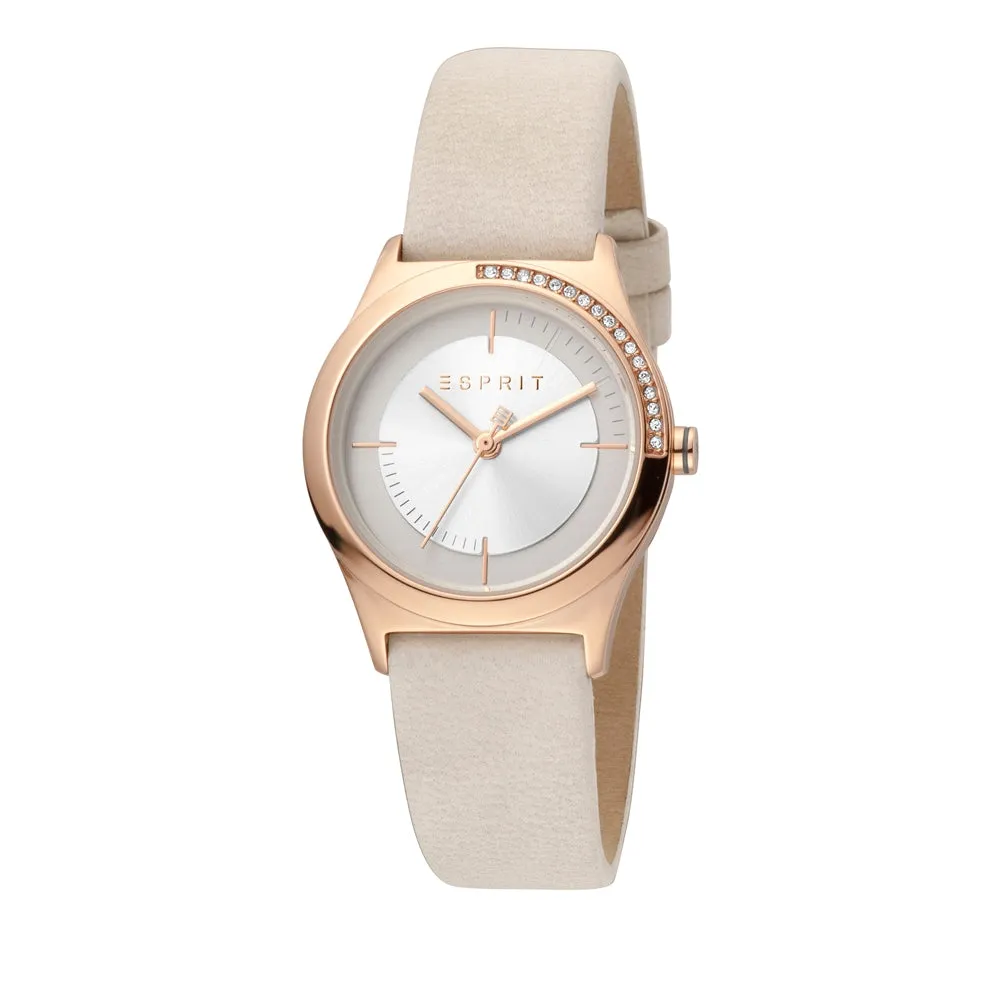 Esprit Ladies IP RG Stainless Steel Watch Stones on Bezel Silver Color Dial & Cream Color Strap
