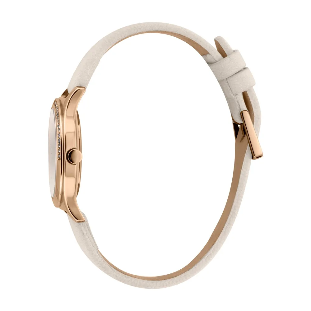 Esprit Ladies IP RG Stainless Steel Watch Stones on Bezel Silver Color Dial & Cream Color Strap