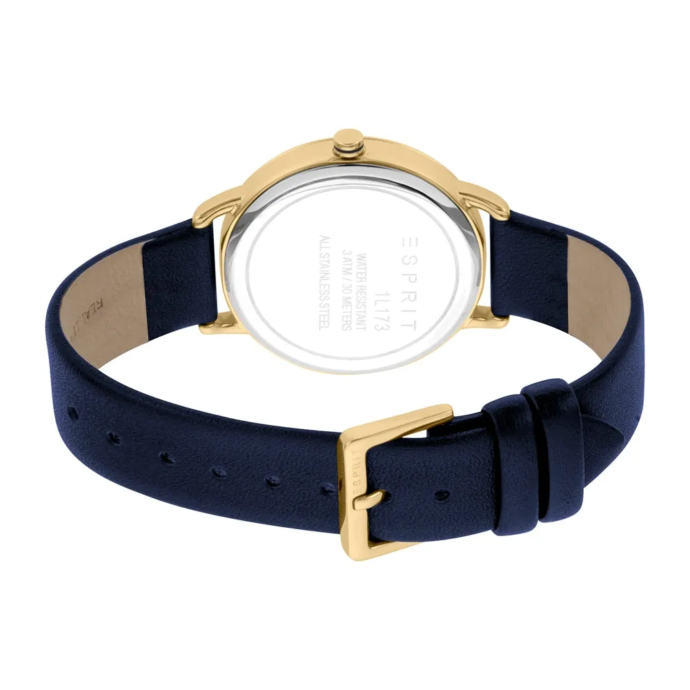 Esprit Ladies Watch Black Dial Leather Strap Golden Case With Stone Golden Dial