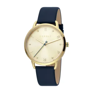 Esprit Ladies Watch Black Dial Leather Strap Golden Case With Stone Golden Dial