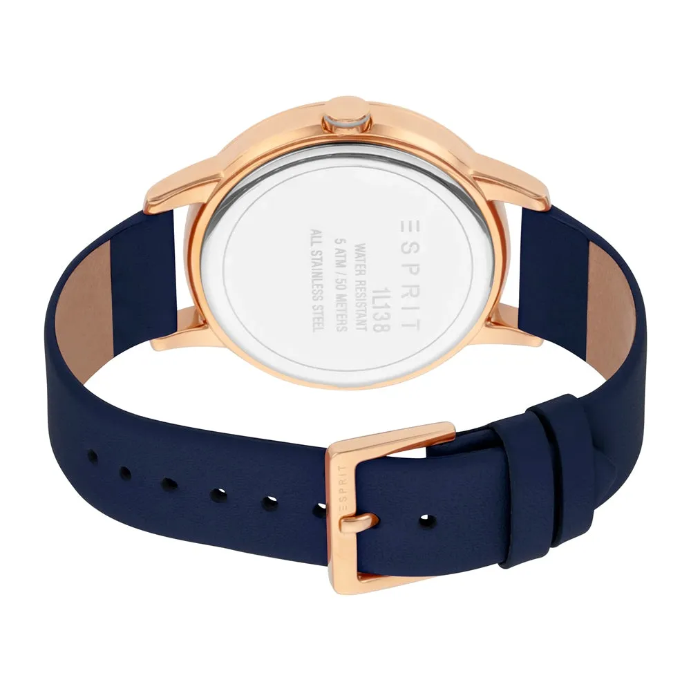 Esprit Ladies Watch Blue Leather Strap With Stone White Dial