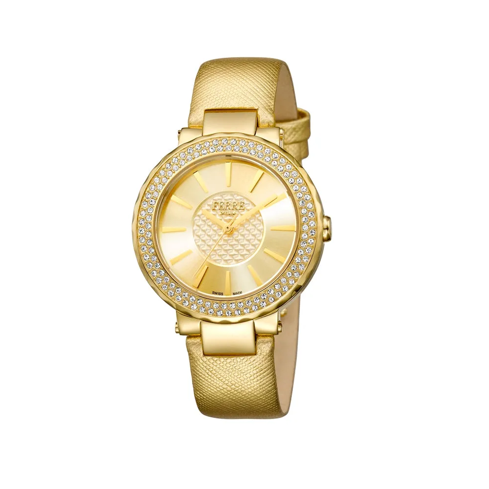 Ferre Milano Ladies Watch Golden Color Case With Stone & Golden Color Leather Strap