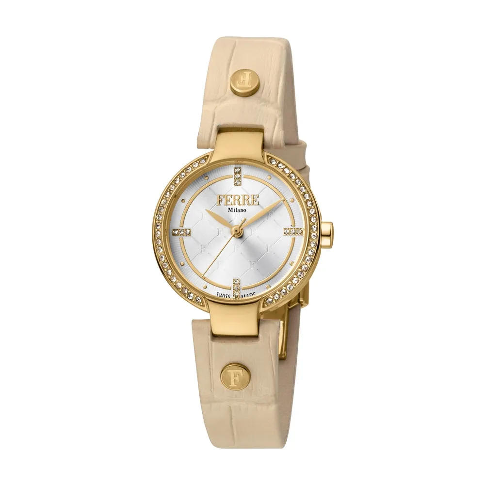 Ferre Milano Ladies Watch Ip Gold Case & Beige Leather Strap