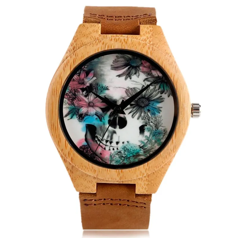 Flower Skull Printed Bamboo Wood Women's Watches