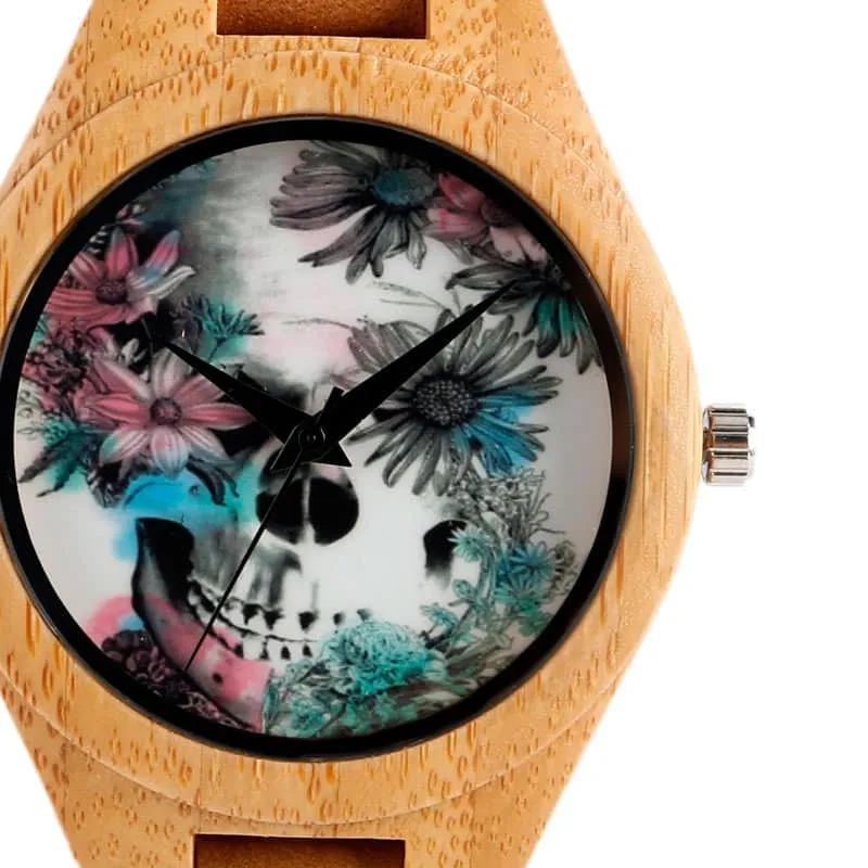 Flower Skull Printed Bamboo Wood Women's Watches