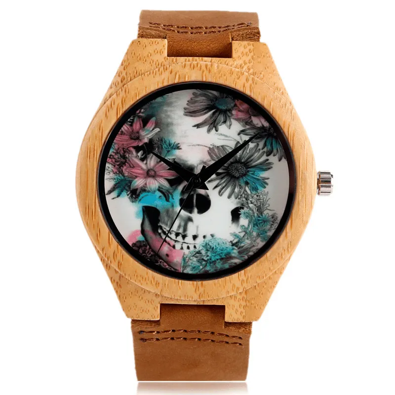 Flower Skull Printed Bamboo Wood Women's Watches