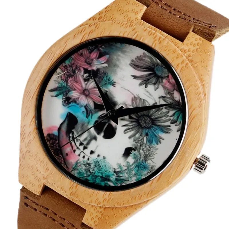 Flower Skull Printed Bamboo Wood Women's Watches