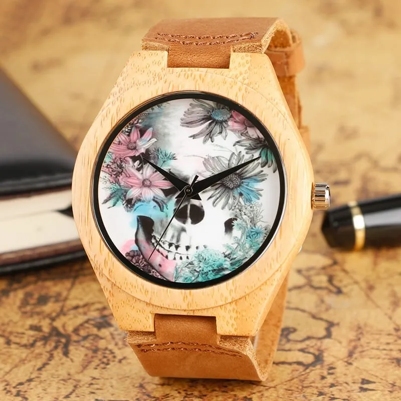 Flower Skull Printed Bamboo Wood Women's Watches