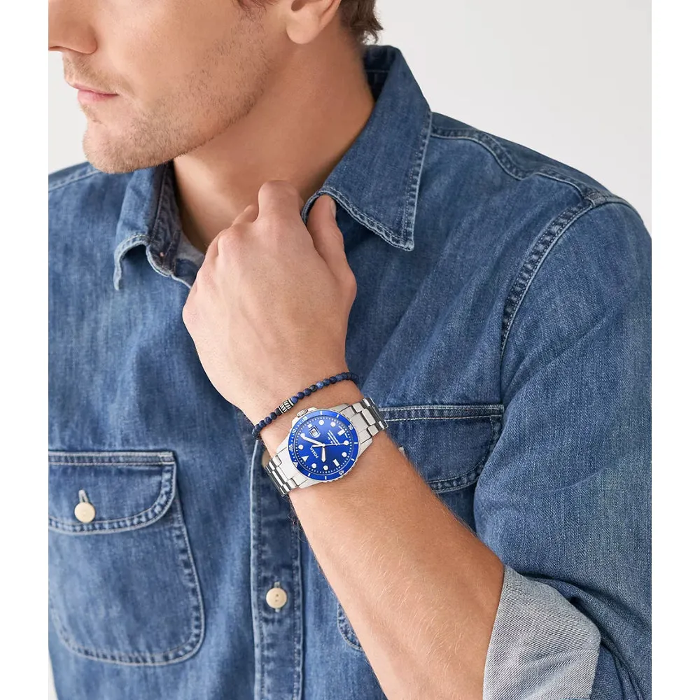 Fossil Men's FB-01 Three-Hand Date Stainless Steel Watch and Blue Sodalite Beaded Bracelet Set