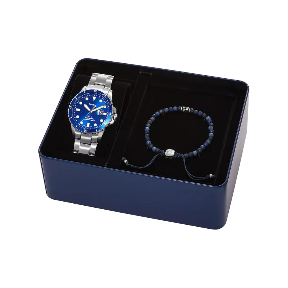 Fossil Men's FB-01 Three-Hand Date Stainless Steel Watch and Blue Sodalite Beaded Bracelet Set
