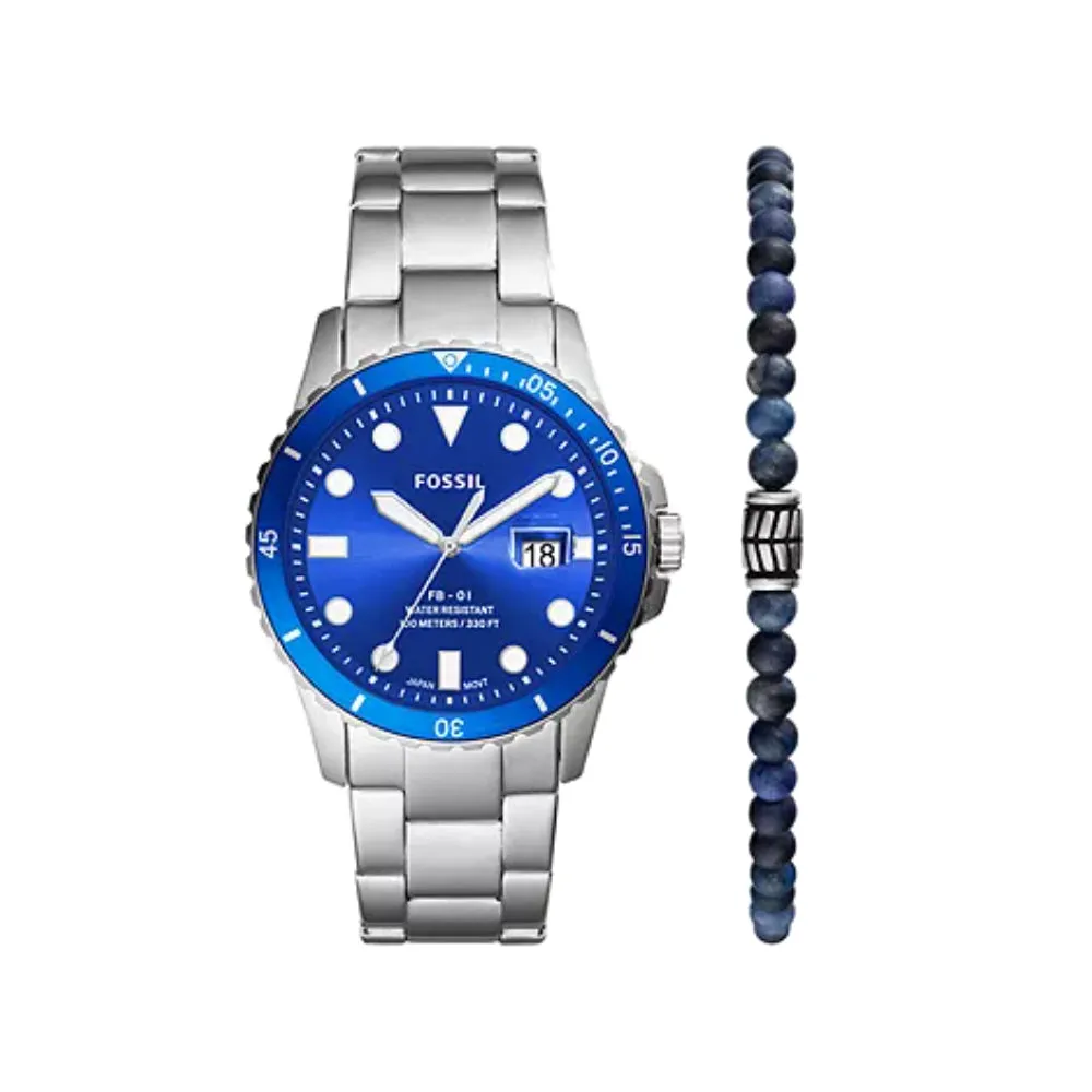 Fossil Men's FB-01 Three-Hand Date Stainless Steel Watch and Blue Sodalite Beaded Bracelet Set